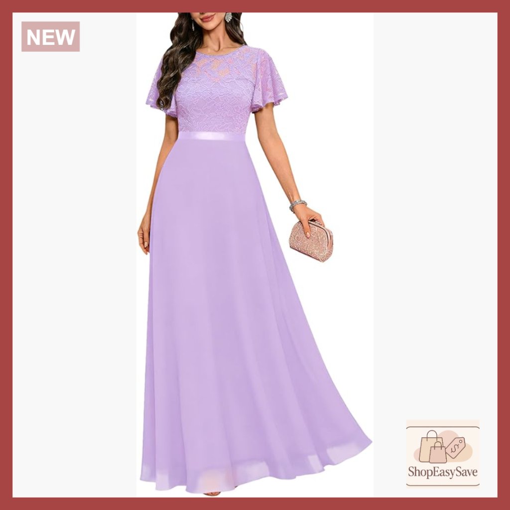 Elegant Lace Maxi Dress Formal Evening Gown Ruffle Sleeve Prom Wedding Guest
